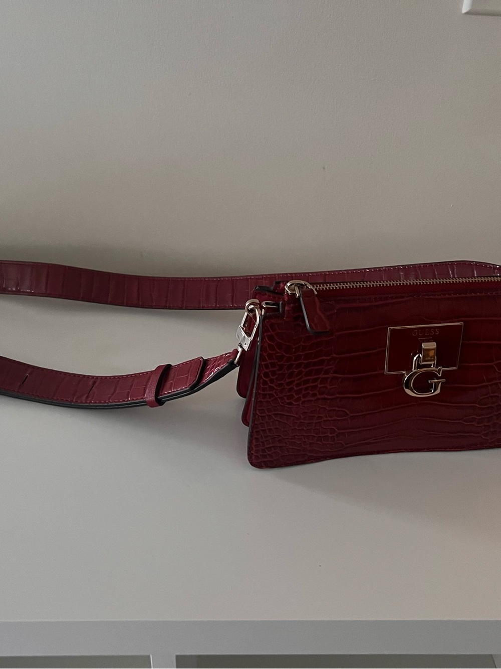 Guess Burgundy Croc-Embossed Logo Crossbody